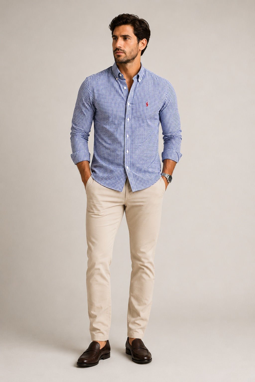 Camisa RL Manga Longa Custom Fit Xadrez Marinho Ponei Vermelho - Henri Store