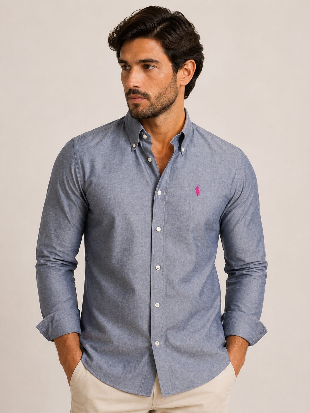 Camisa RL Ml Slim Fit Cinza / Small Poney Rosa - Henri Store