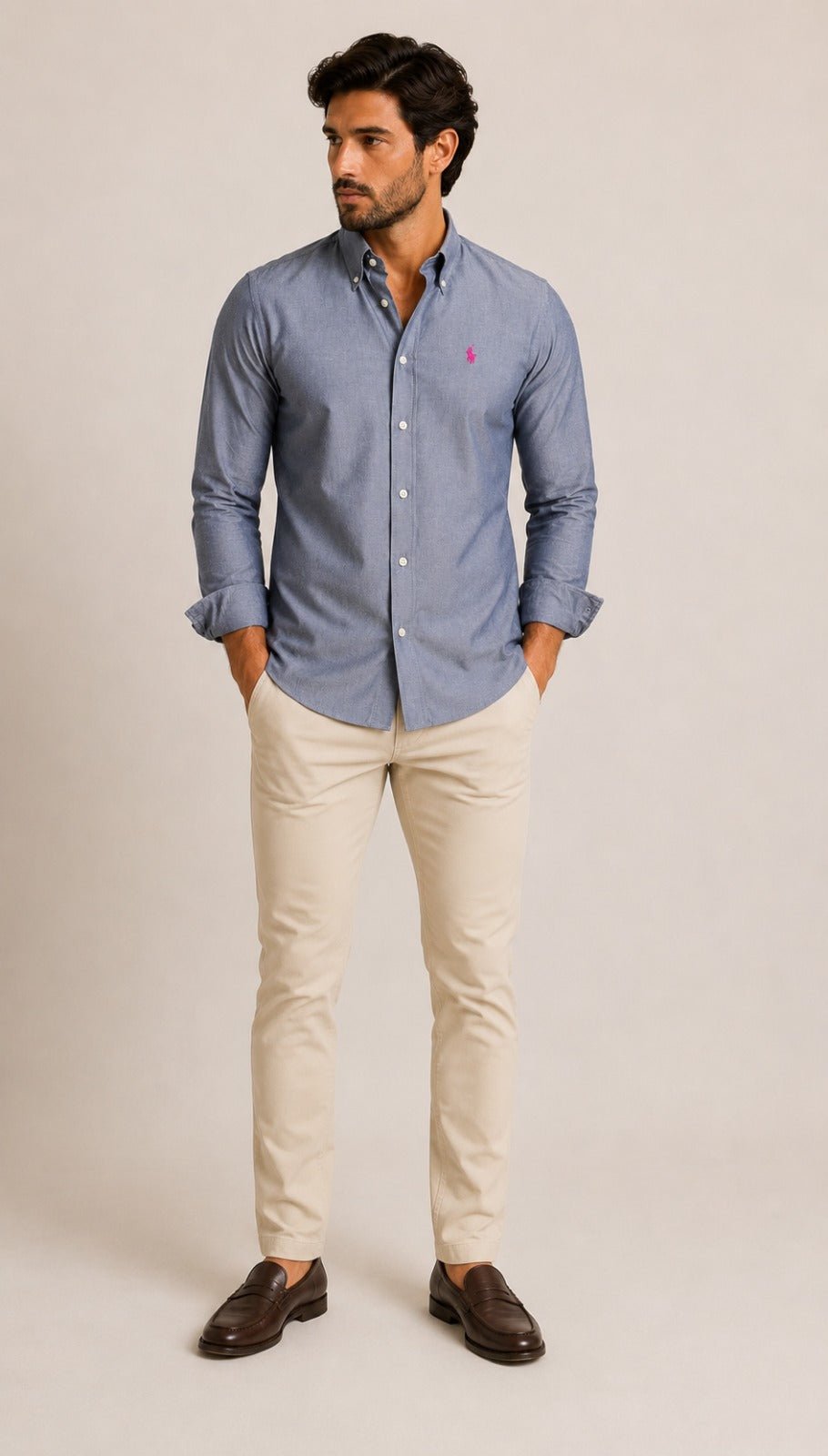 Camisa RL Ml Slim Fit Cinza / Small Poney Rosa - Henri Store