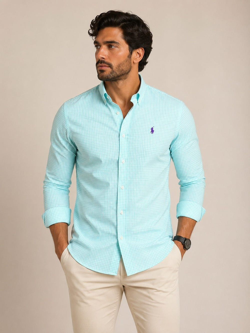 Camisa RL Ml Xadrez Verde Agua Ponei Roxo - Henri Store