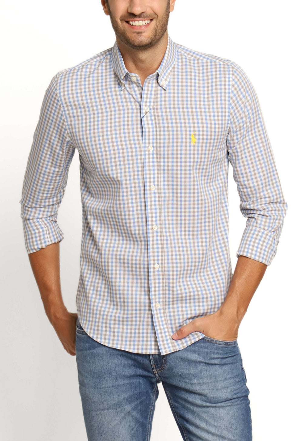 Camisa RL Xadrez Cinza c/ Azul Poney Amarelo - Henri Store