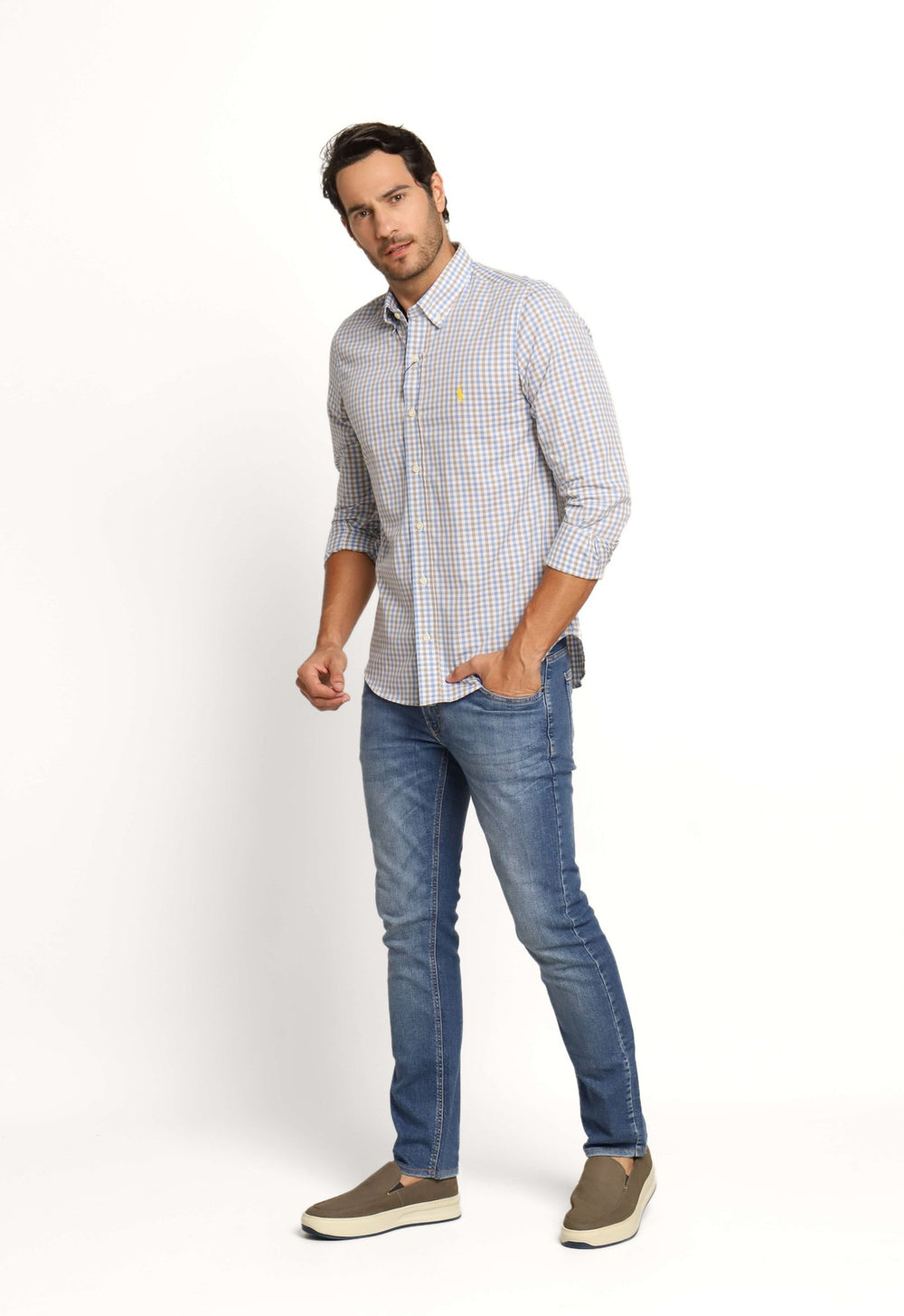 Camisa RL Xadrez Cinza c/ Azul Poney Amarelo - Henri Store