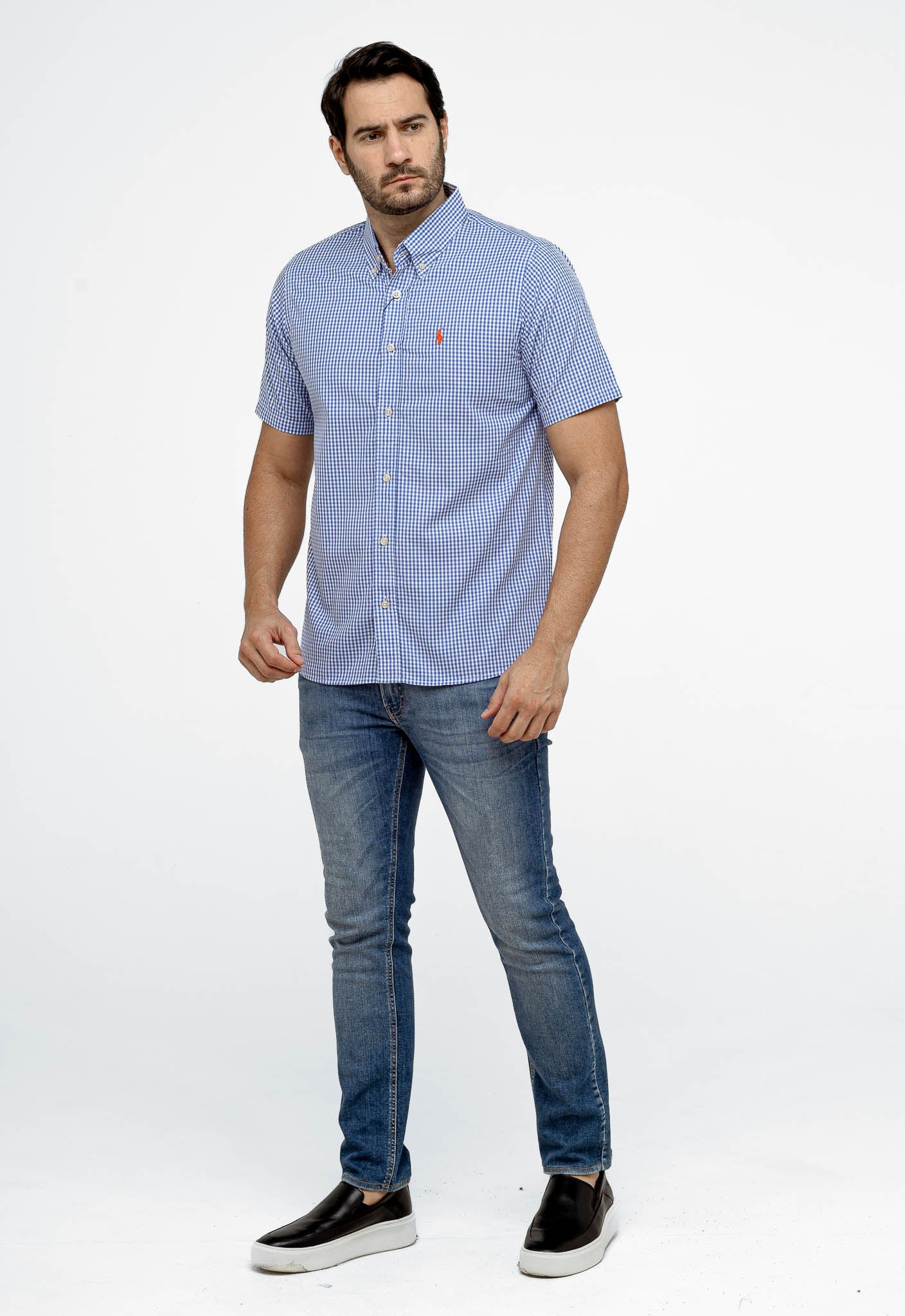 Camisa RL Xadrez Custom Fit MC Azul / Small Poney Laranja - Henri Store