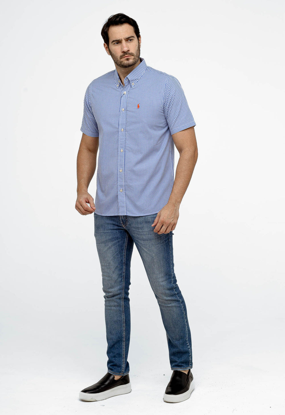 Camisa RL Xadrez Custom Fit MC Azul / Small Poney Laranja - Henri Store