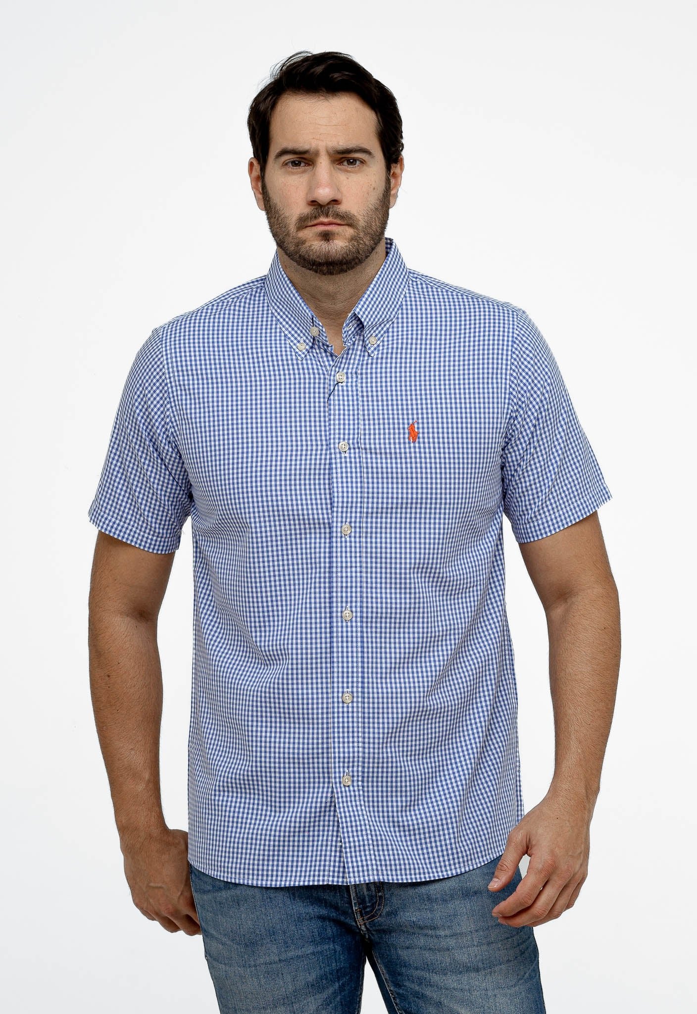Camisa RL Xadrez Custom Fit MC Azul / Small Poney Laranja - Henri Store