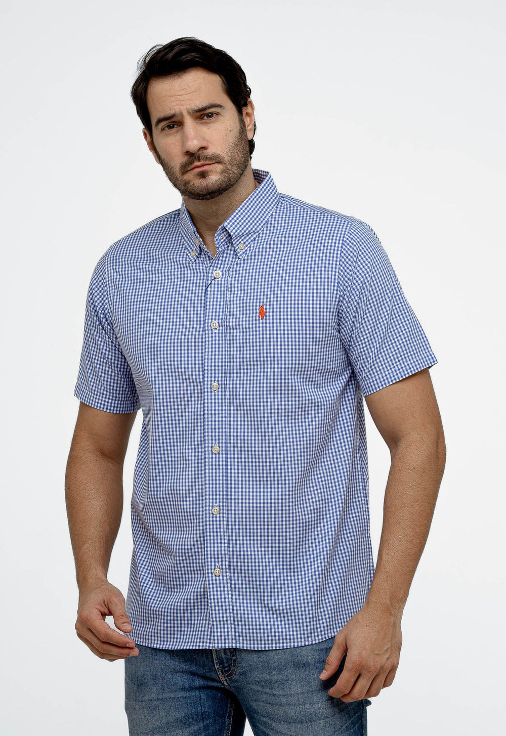 Camisa RL Xadrez Custom Fit MC Azul / Small Poney Laranja - Henri Store
