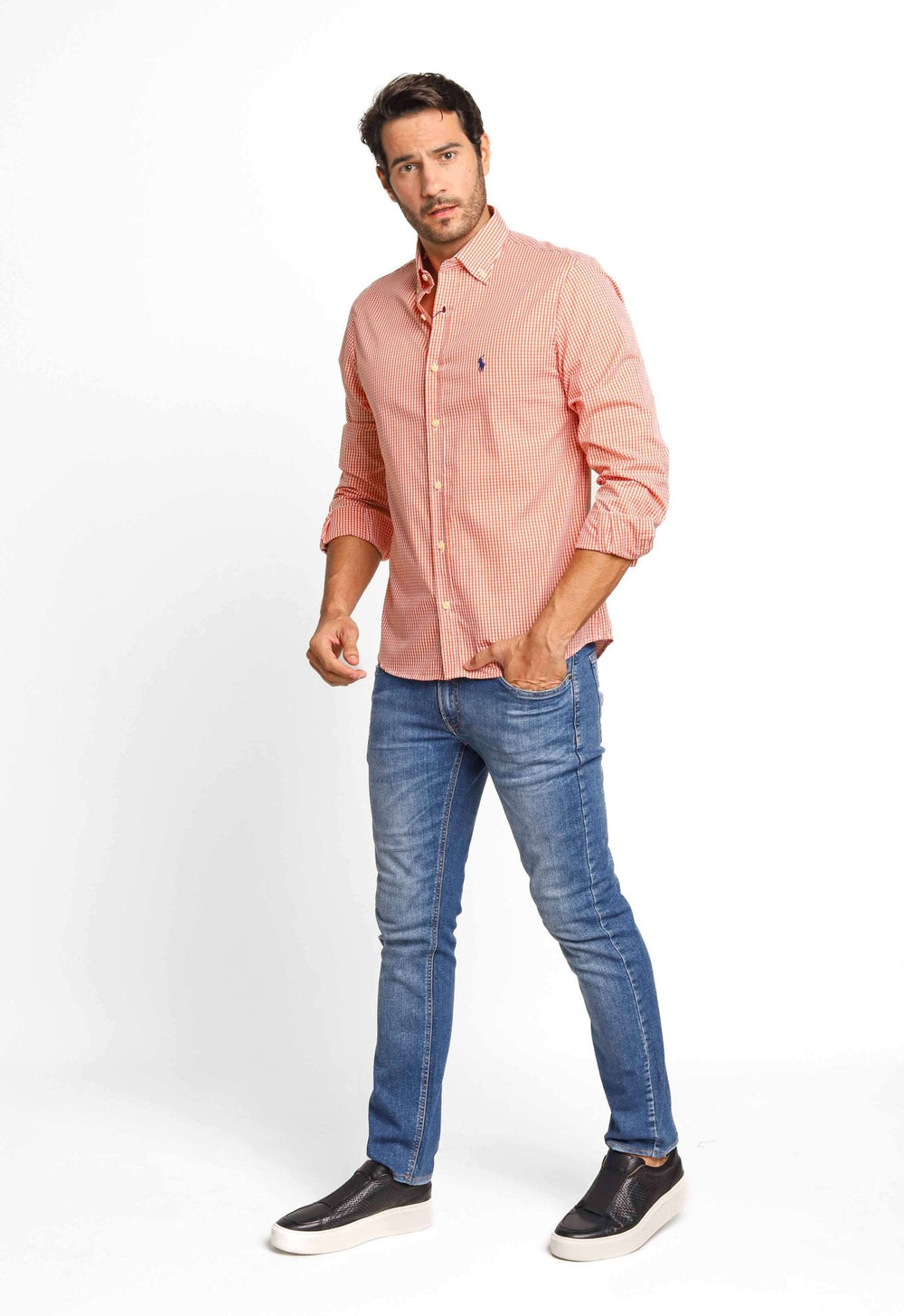 Camisa RL Xadrez Laranja Manga Longa Poney Azul - Henri Store