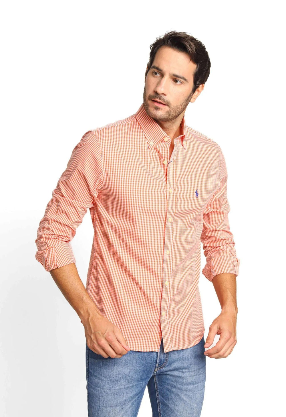 Camisa RL Xadrez Laranja Manga Longa Poney Azul - Henri Store