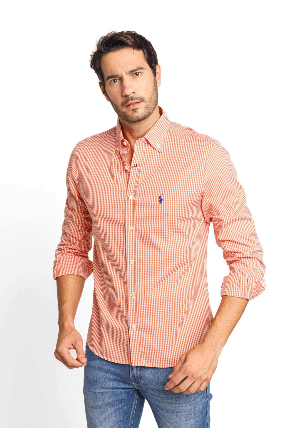 Camisa RL Xadrez Laranja Manga Longa Poney Azul - Henri Store
