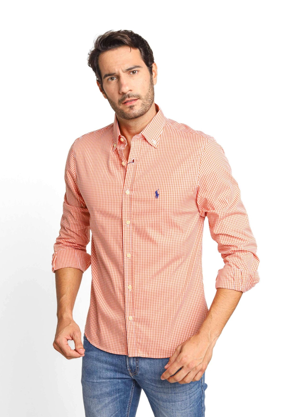 Camisa RL Xadrez Laranja Manga Longa Poney Azul - Henri Store