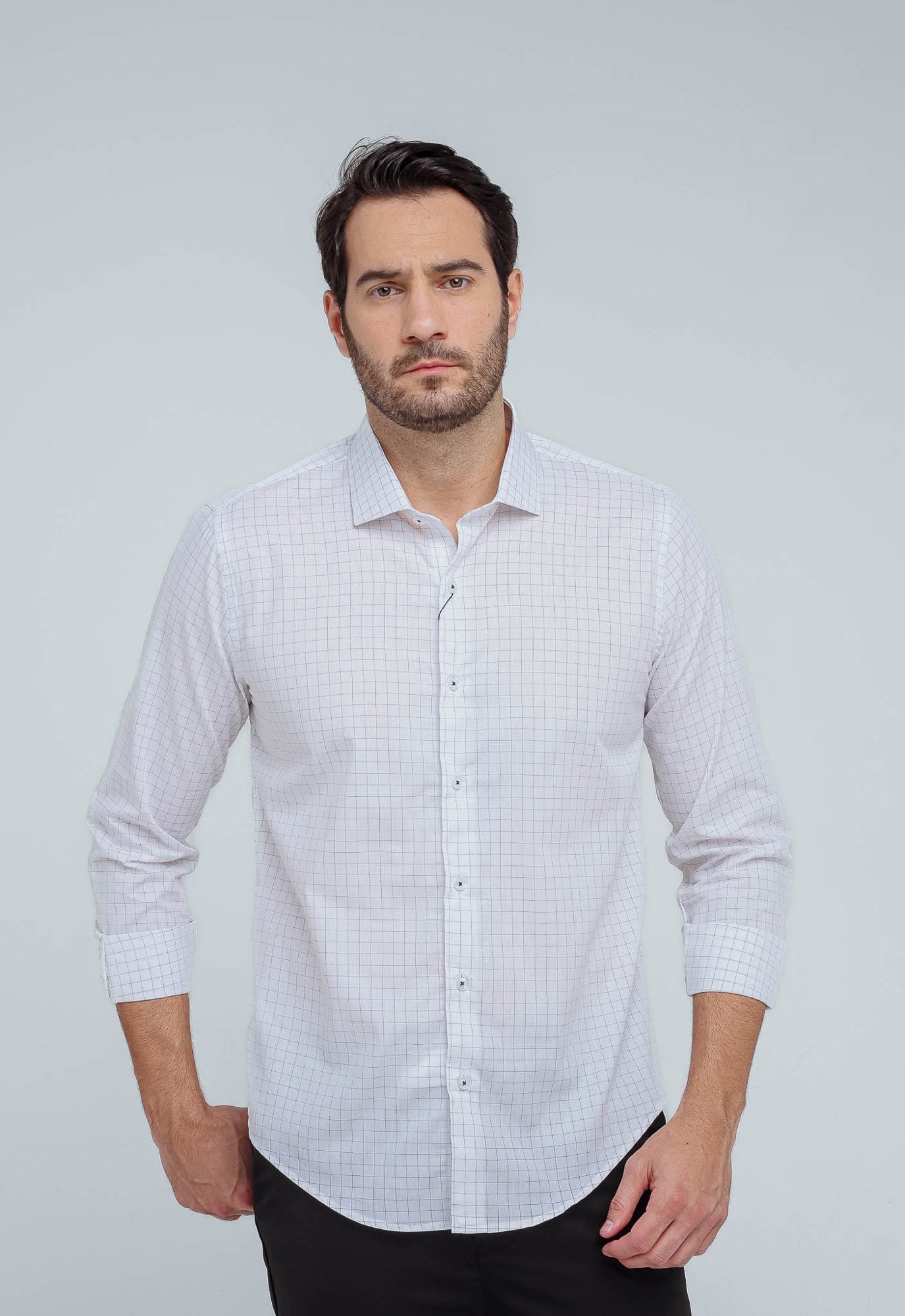 Camisa Social Slim Xadrez Minimalista Branca Manga Longa - Henri Store