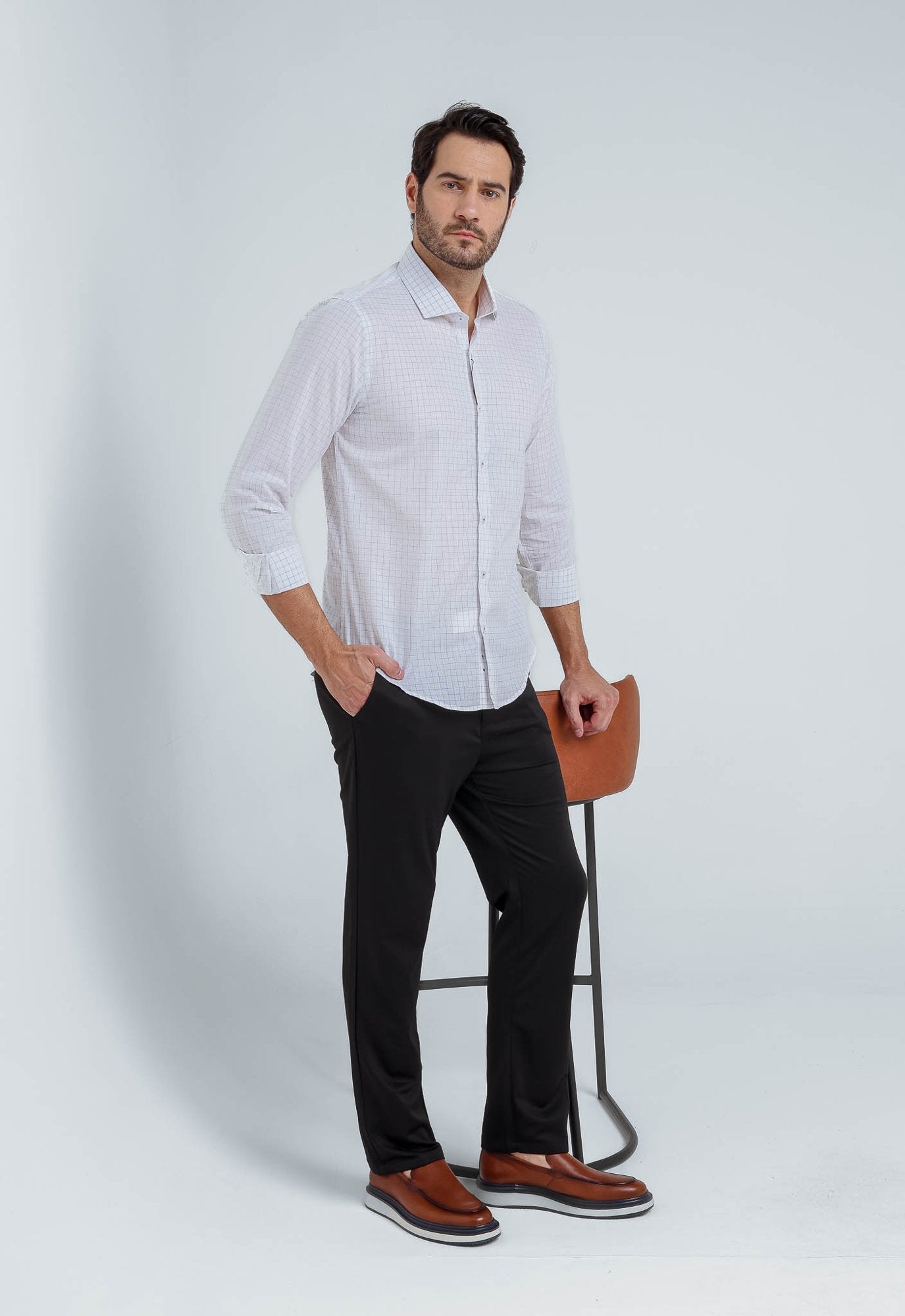 Camisa Social Slim Xadrez Minimalista Branca Manga Longa - Henri Store