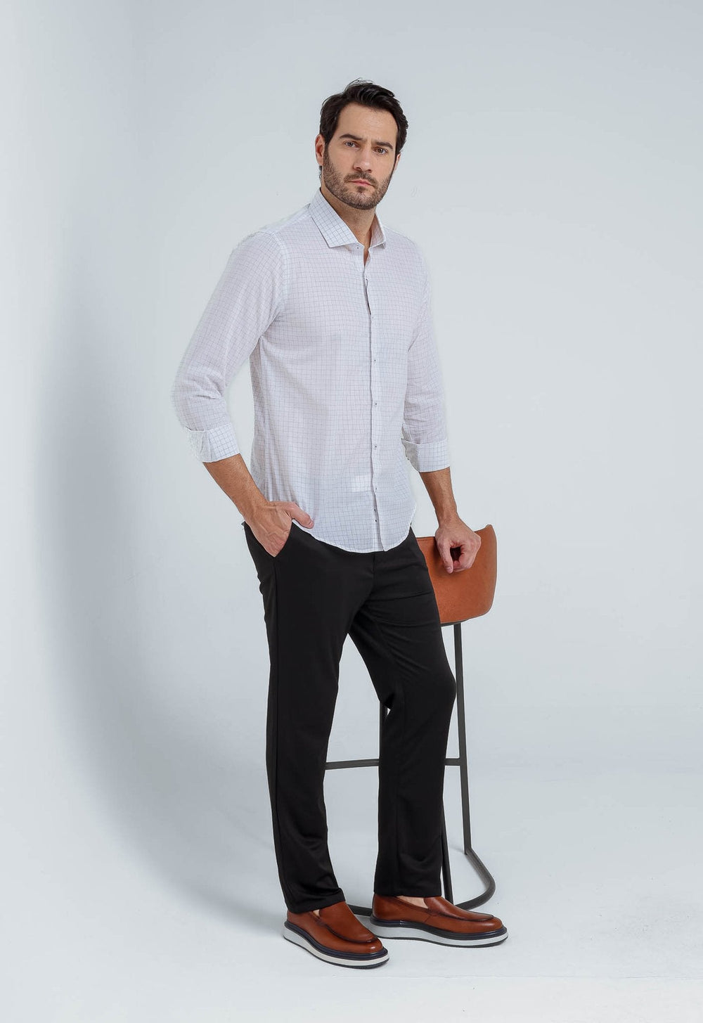Camisa Social Slim Xadrez Minimalista Branca Manga Longa - Henri Store