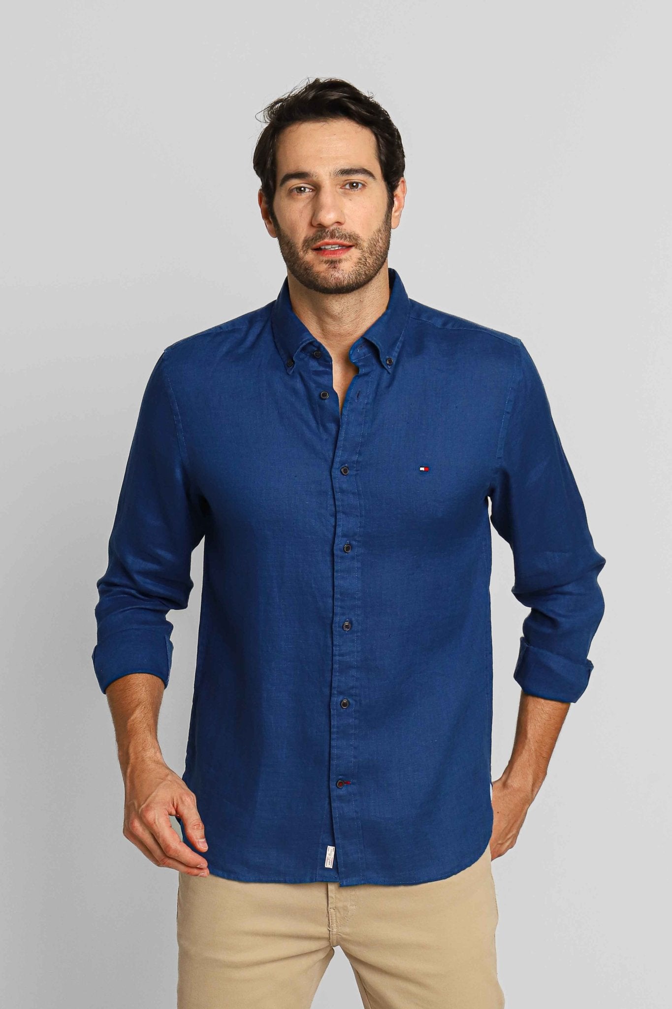 Camisa Tommy Hilfiger Linho ml Regular Fit Azul Indigo - Henri Store
