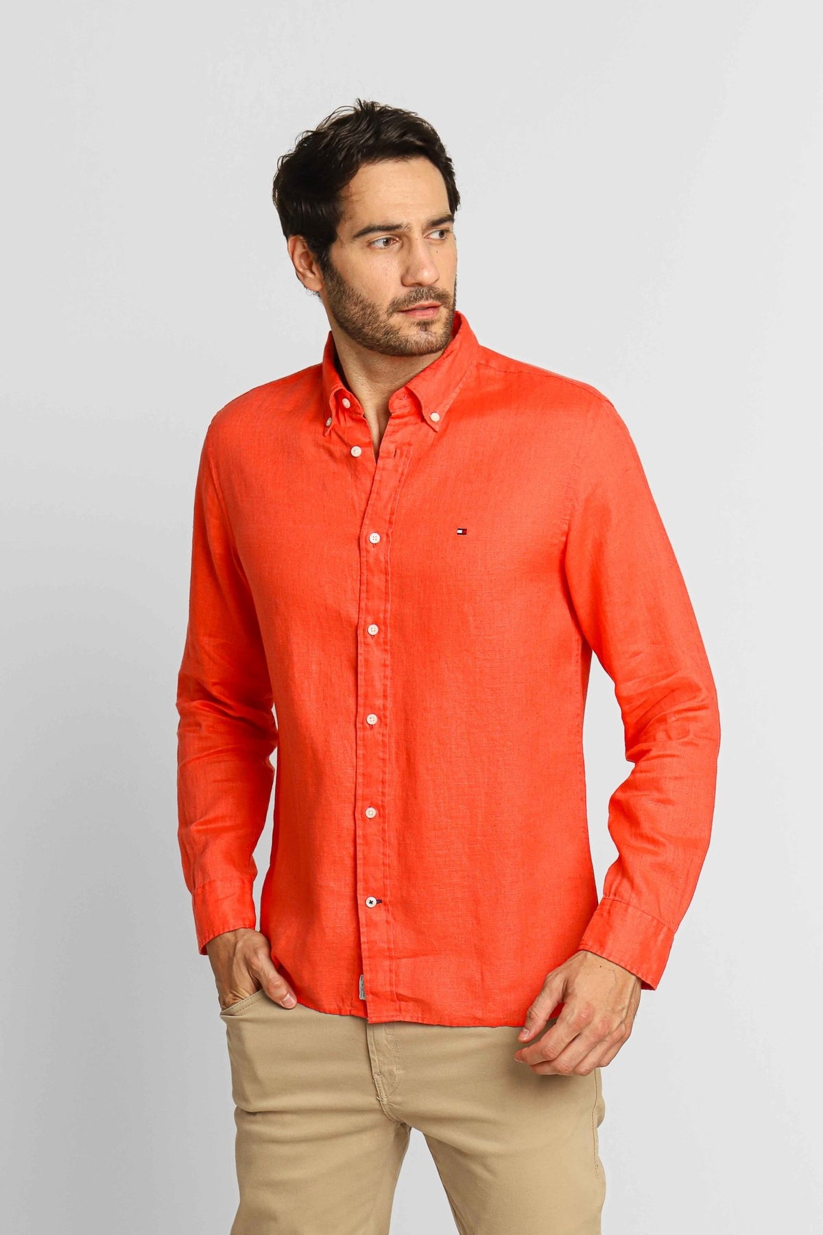 Camisa Tommy Hilfiger Linho ml Regular Fit Coral - Henri Store