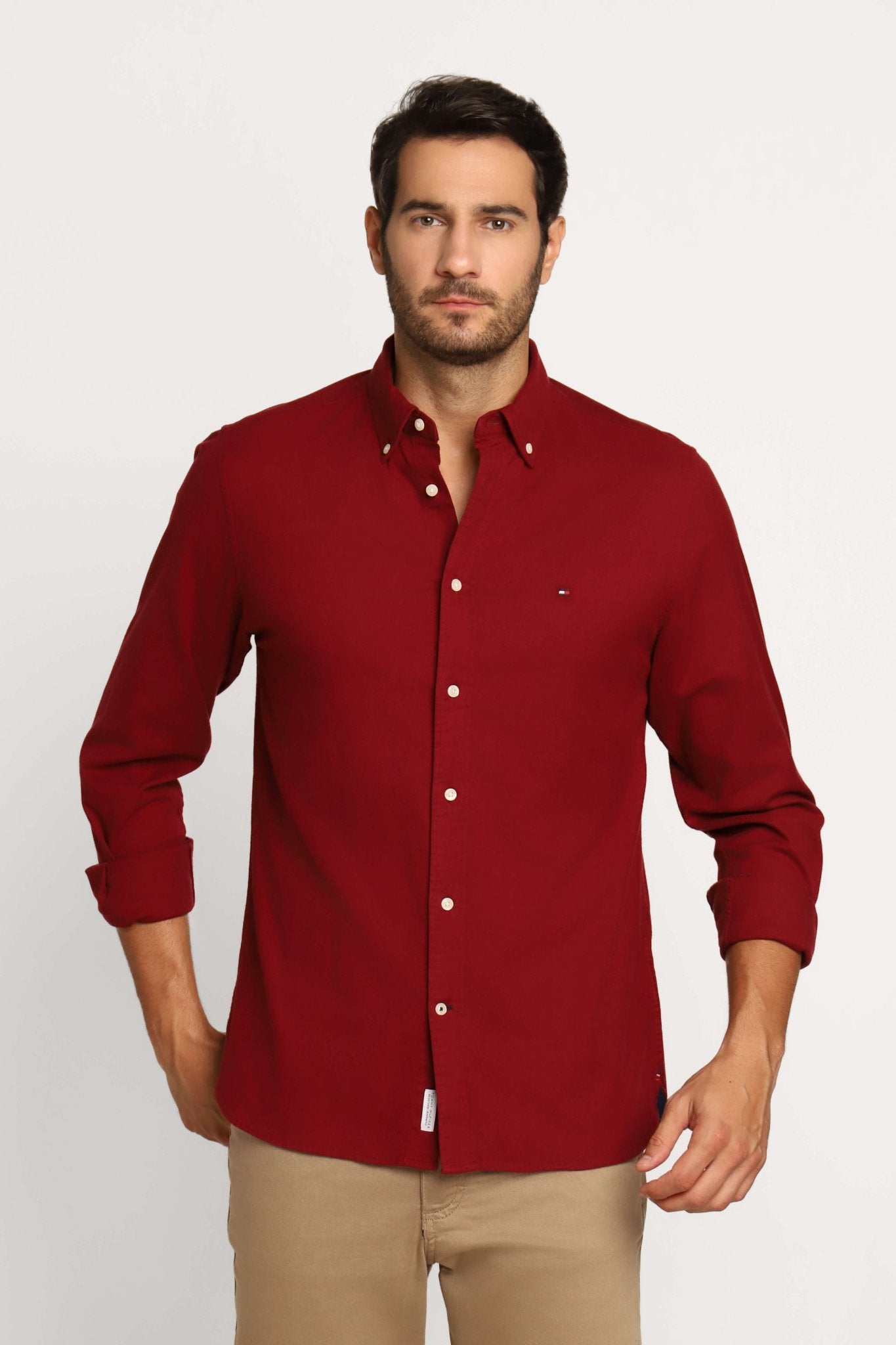 Camisa Tommy Hilfiger Ml Regular Fit Flex Brushed Twill Bordô - Henri Store