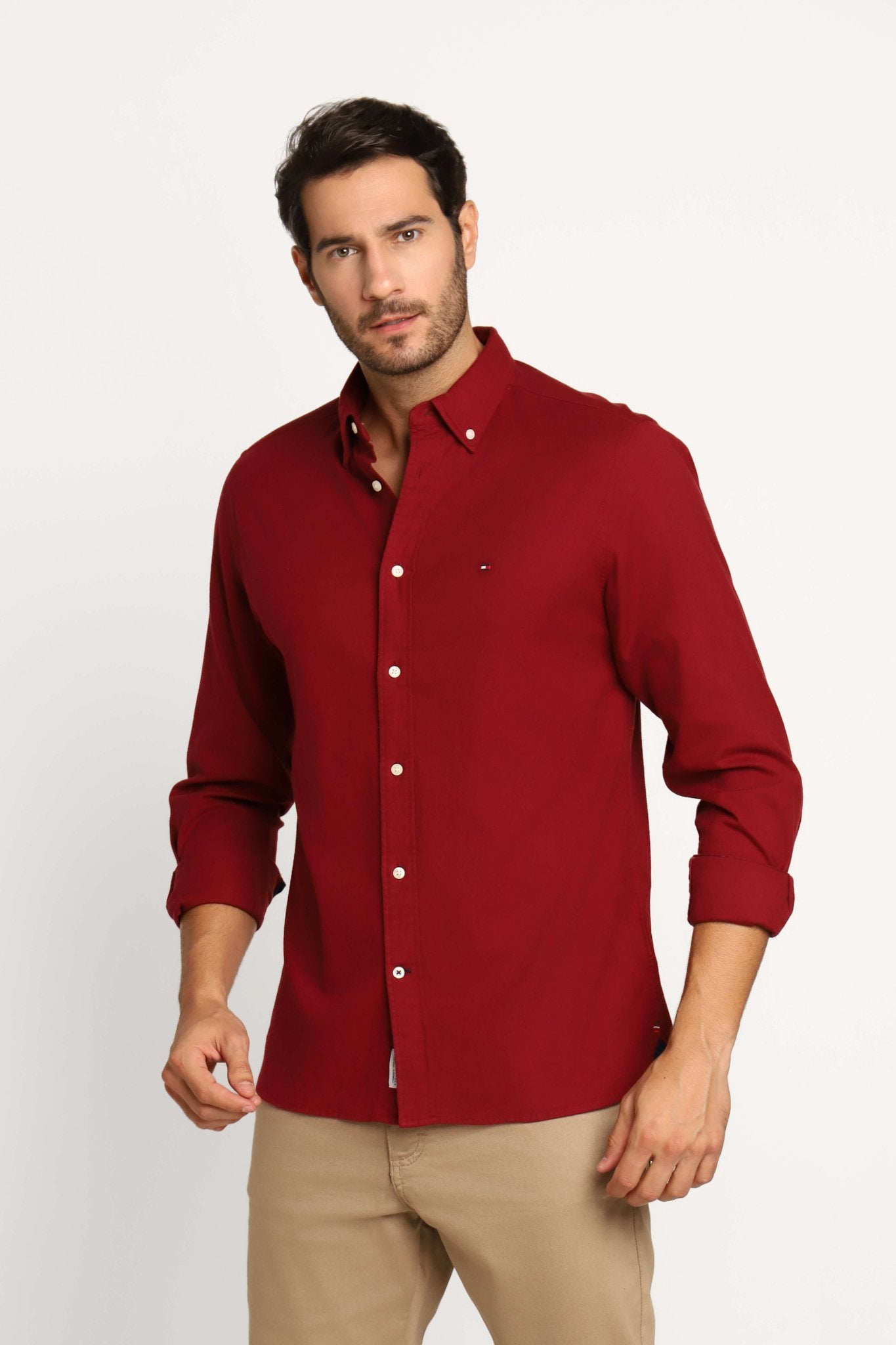 Camisa Tommy Hilfiger Ml Regular Fit Flex Brushed Twill Bordô - Henri Store