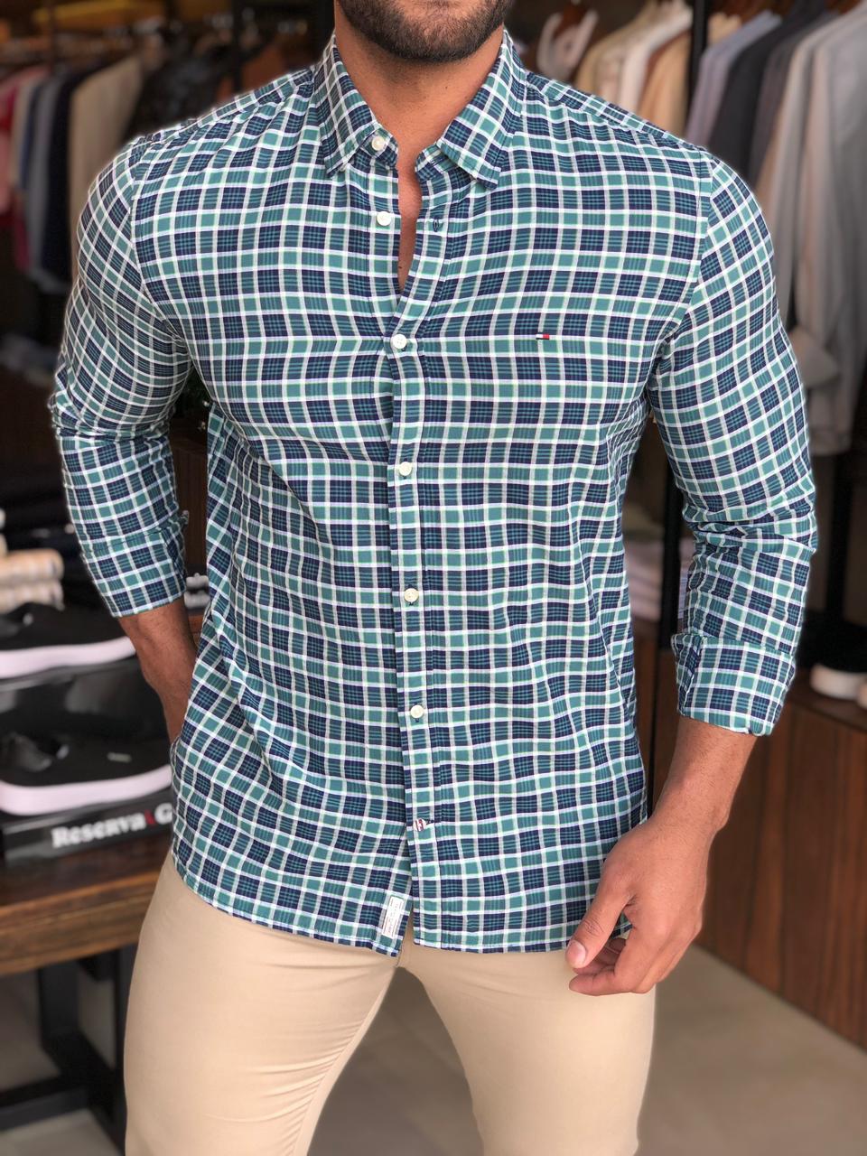 Camisa Tommy Hilfiger Ml Slim Fit Xadrez Verde - Henri Store