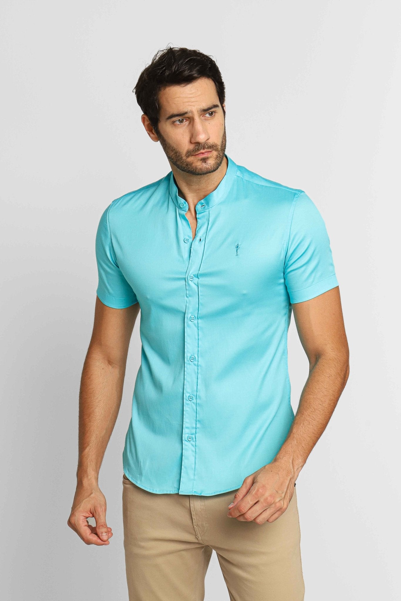 Camisa Zip Off Mc Slim Fit Gola Padre Azul 35559 - Henri Store