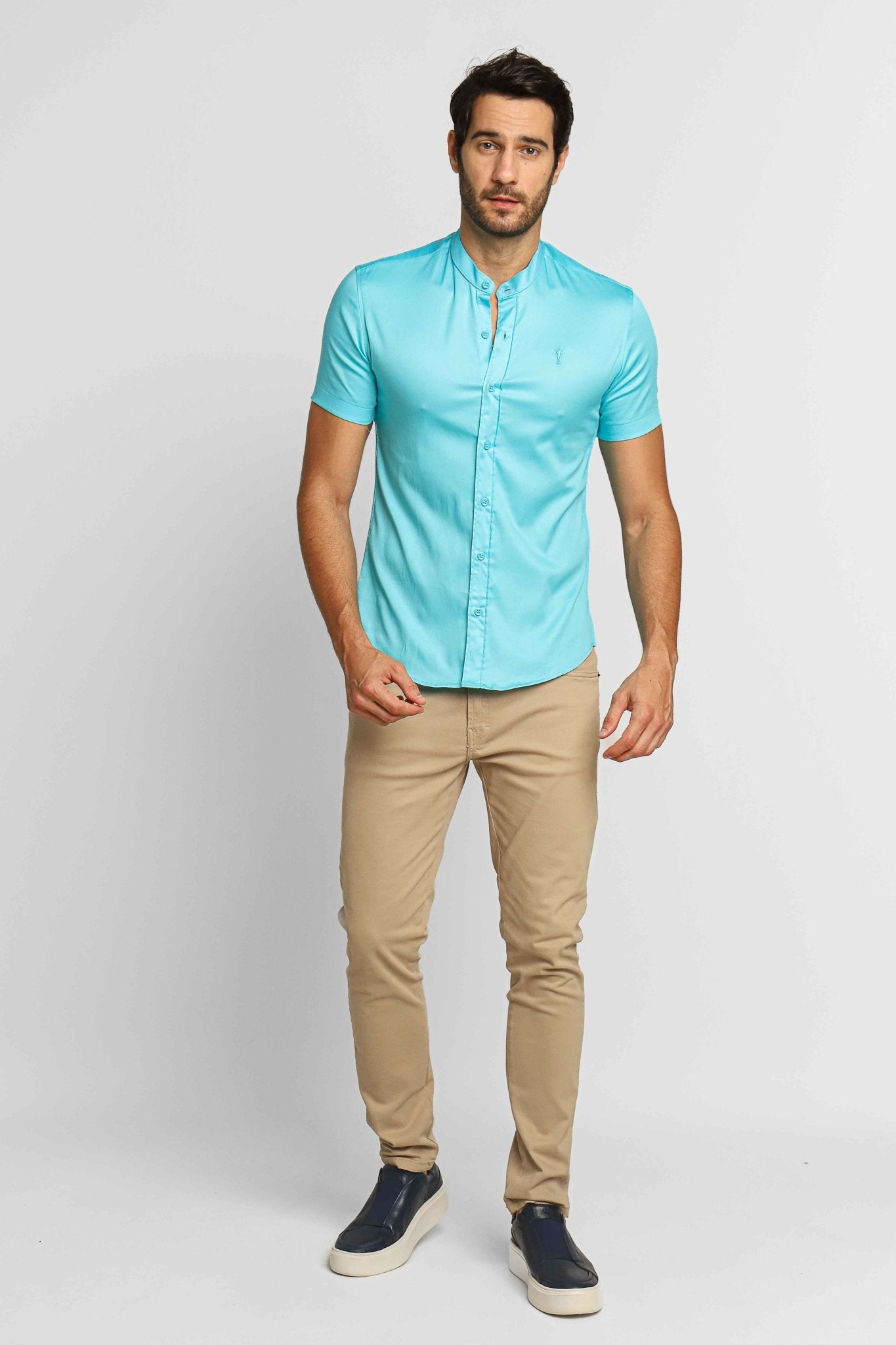Camisa Zip Off Mc Slim Fit Gola Padre Azul 35559 - Henri Store