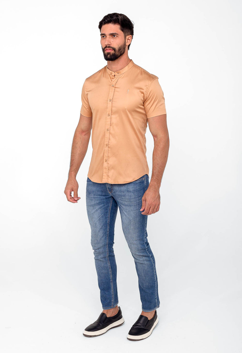 Camisa Zip Off mc Slim Fit Gola Padre Ocre 35559 - Henri Store
