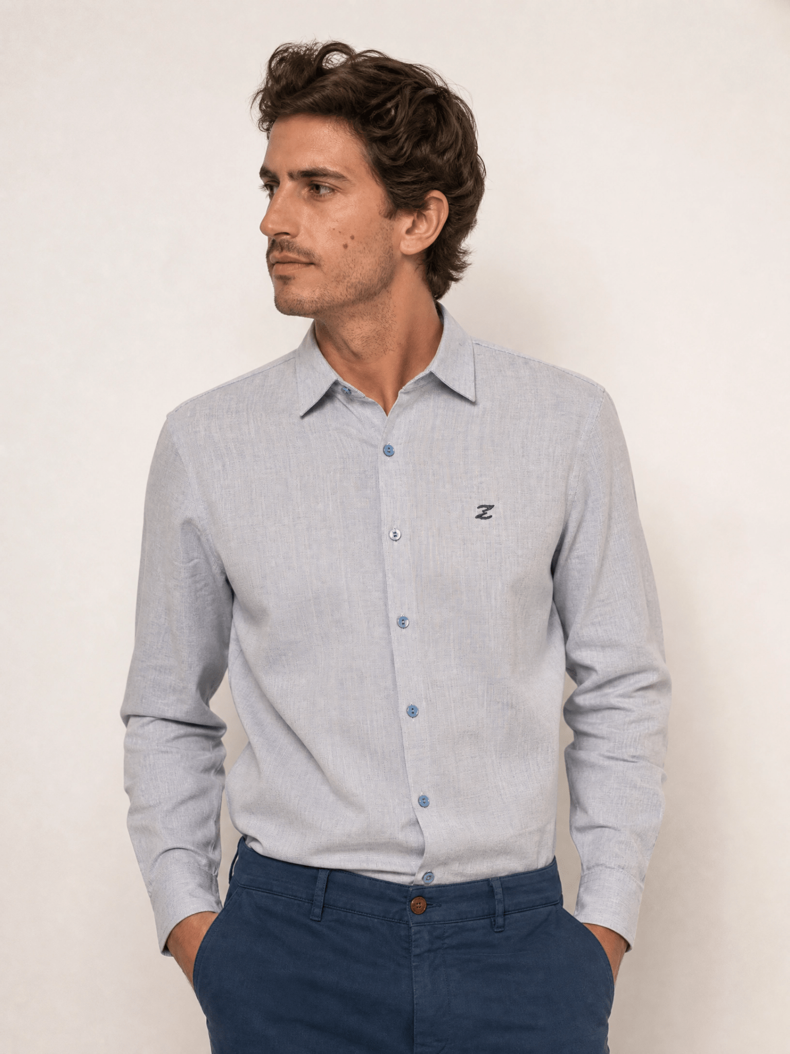 Camisa Zip Off Ml Relaxed Fit Azul Com Pingo Branco - Henri Store
