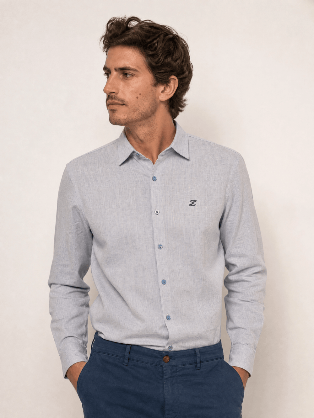 Camisa Zip Off Ml Relaxed Fit Azul Com Pingo Branco - Henri Store