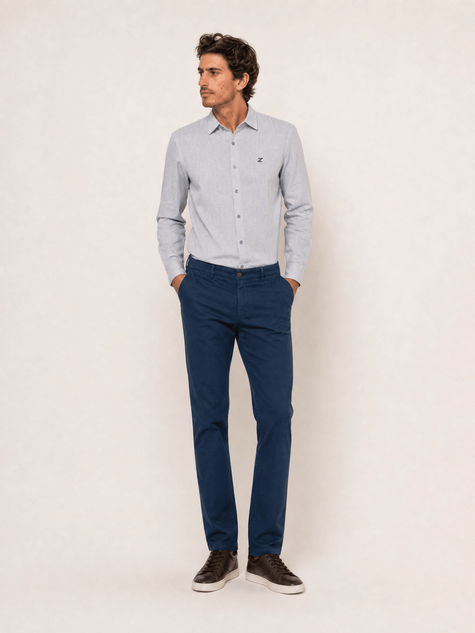 Camisa Zip Off Ml Relaxed Fit Azul Com Pingo Branco - Henri Store