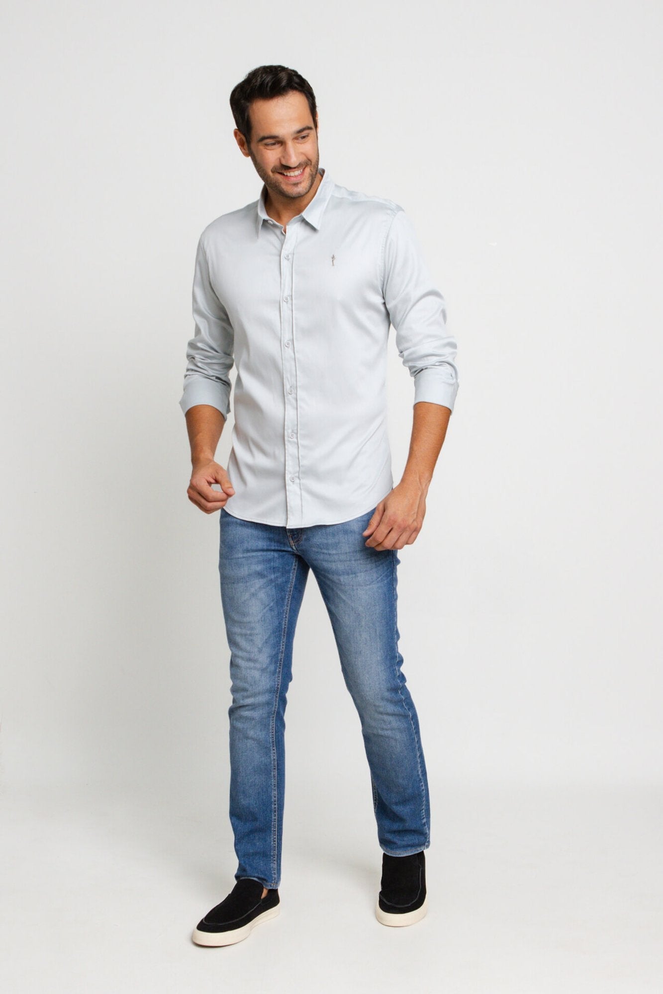 Camisa Zip Off Ml Slim Fit Cinza 35601 - Henri Store