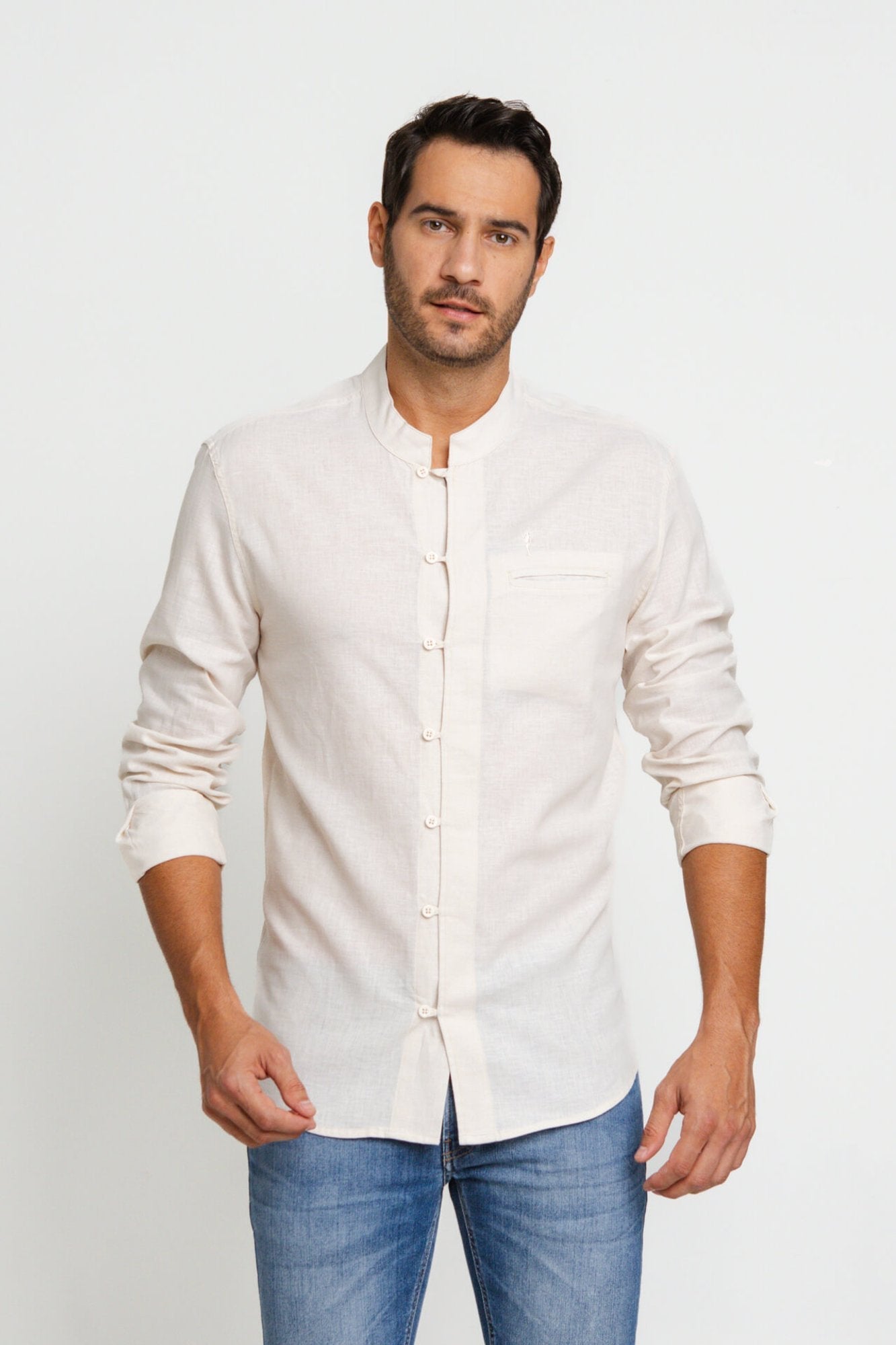 Camisa Zip Off Ml Slim Gola Padre Linho Areia 00441 - Henri Store