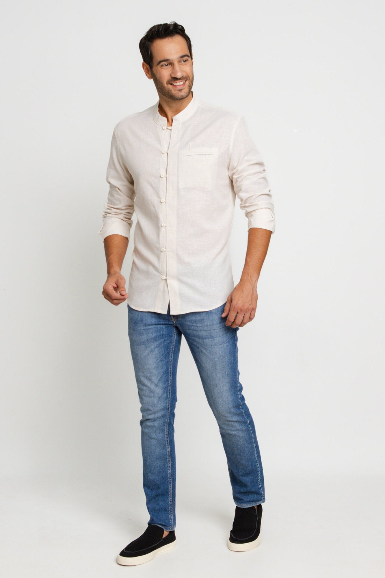 Camisa Zip Off Ml Slim Gola Padre Linho Areia 00441 - Henri Store