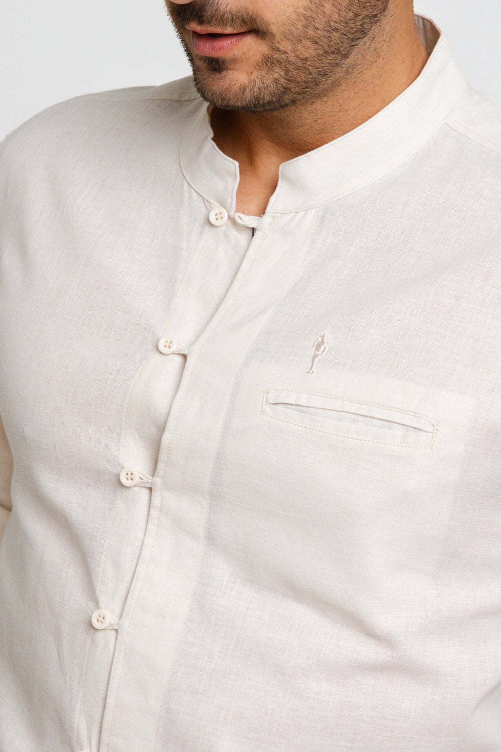 Camisa Zip Off Ml Slim Gola Padre Linho Areia 00441 - Henri Store