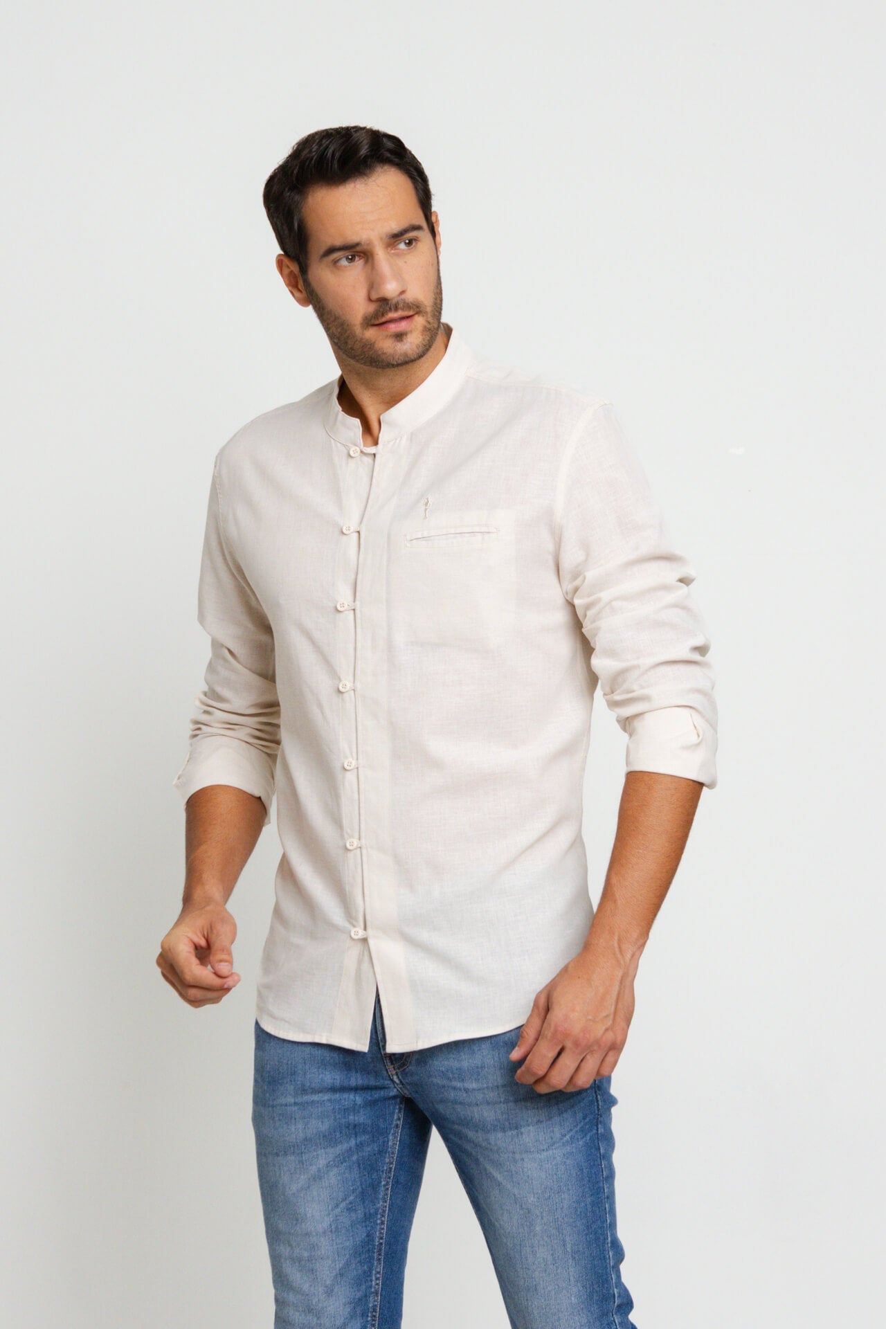 Camisa Zip Off Ml Slim Gola Padre Linho Areia 00441 - Henri Store