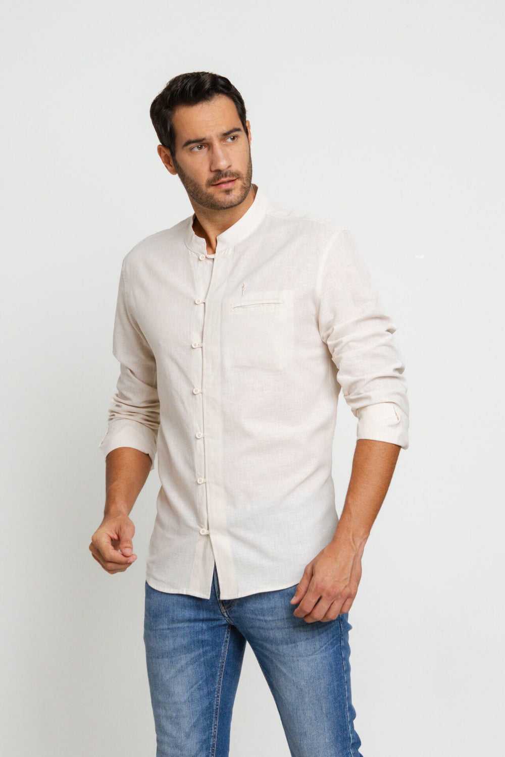 Camisa Zip Off Ml Slim Gola Padre Linho Areia 00441 - Henri Store