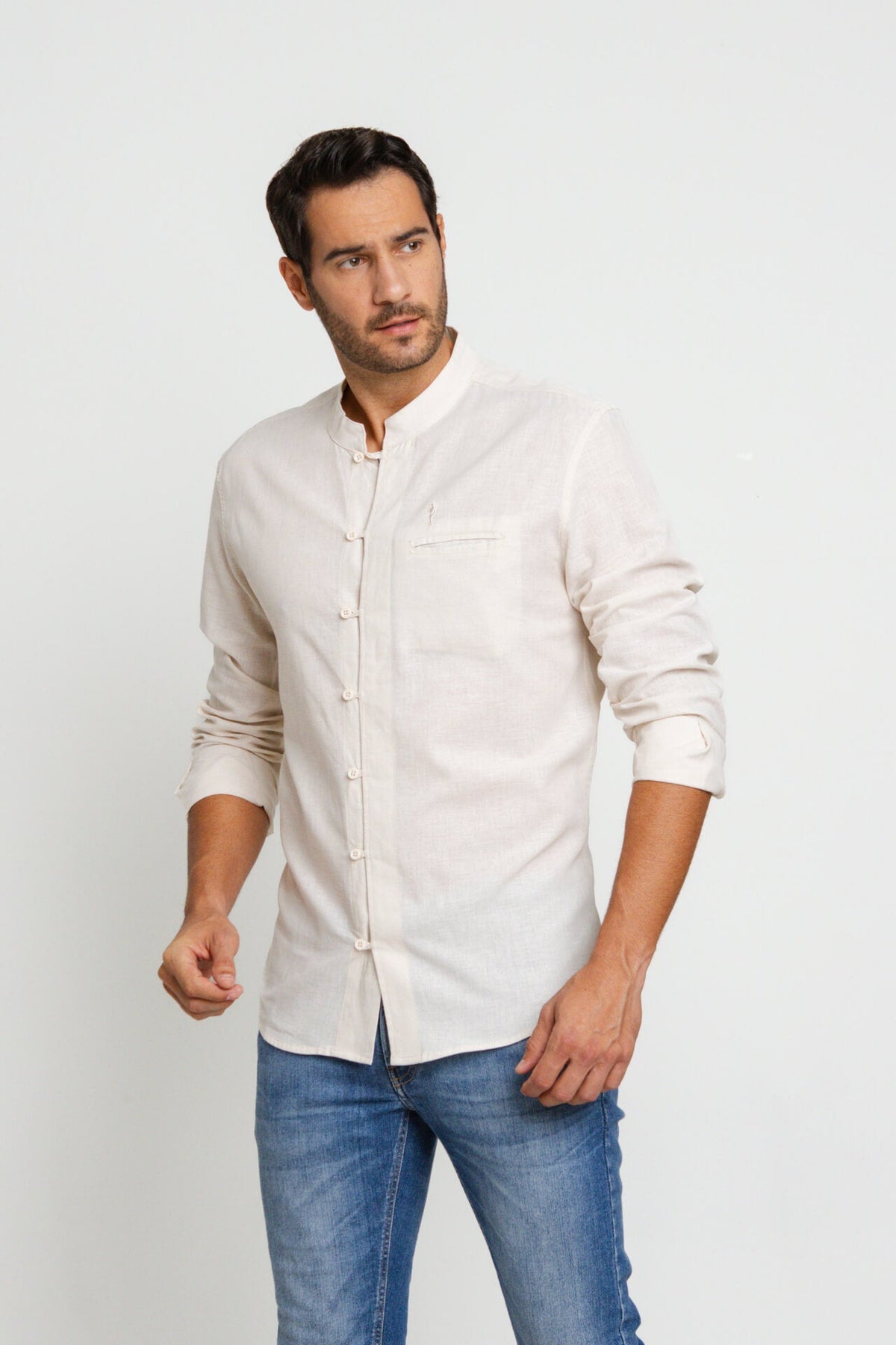 Camisa Zip Off Ml Slim Gola Padre Linho Areia 00441 - Henri Store