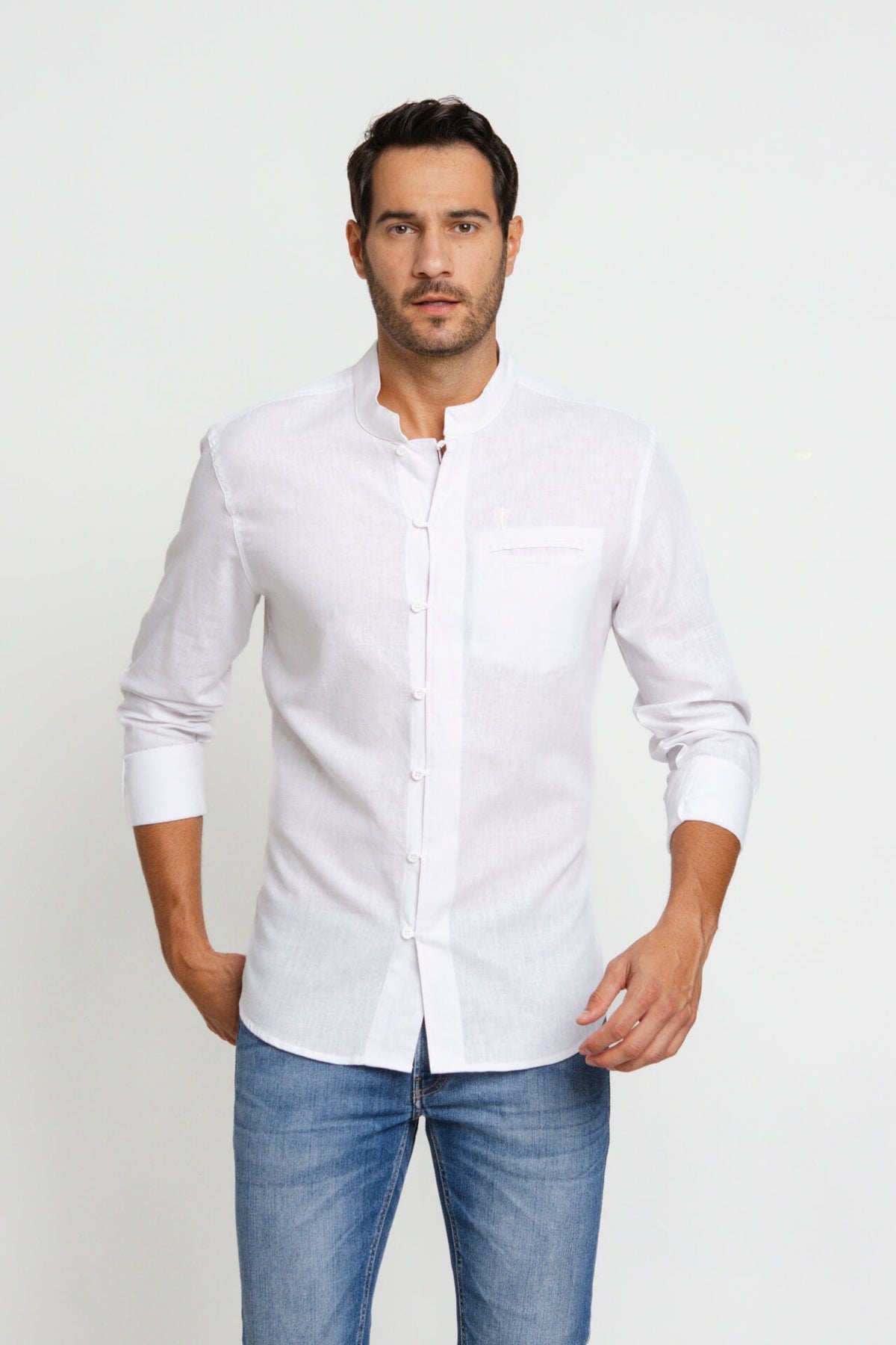 Camisa Zip Off Ml Slim Gola Padre Linho Branco 00441 - Henri Store