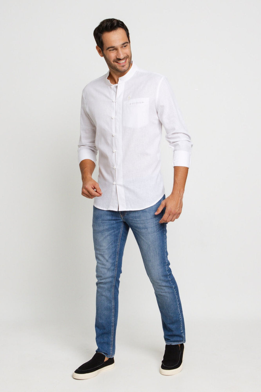 Camisa Zip Off Ml Slim Gola Padre Linho Branco 00441 - Henri Store
