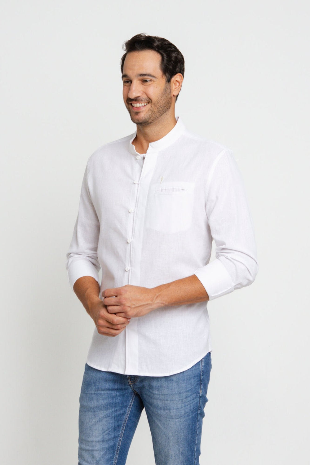 Camisa Zip Off Ml Slim Gola Padre Linho Branco 00441 - Henri Store
