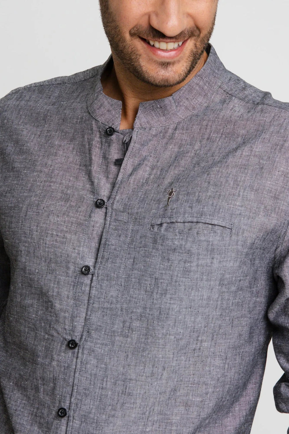 Camisa Zip Off Ml Slim Gola Padre Linho Preto Mescla 00441 - Henri Store