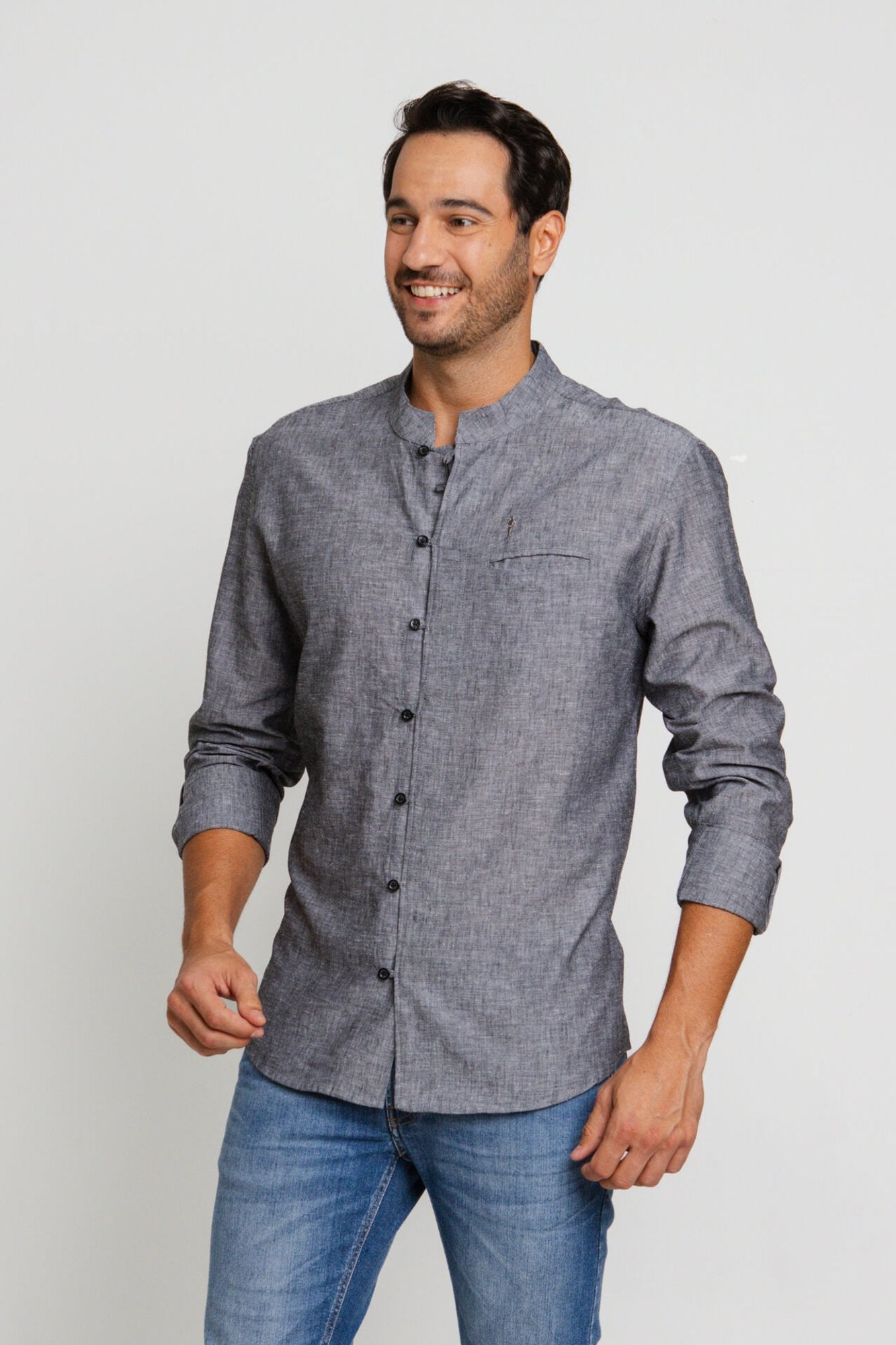Camisa Zip Off Ml Slim Gola Padre Linho Preto Mescla 00441 - Henri Store