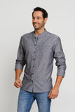 Camisa Zip Off Ml Slim Gola Padre Linho Preto Mescla 00441 - Henri Store