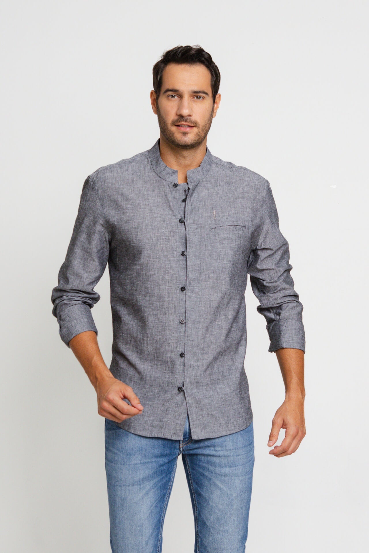 Camisa Zip Off Ml Slim Gola Padre Linho Preto Mescla 00441 - Henri Store