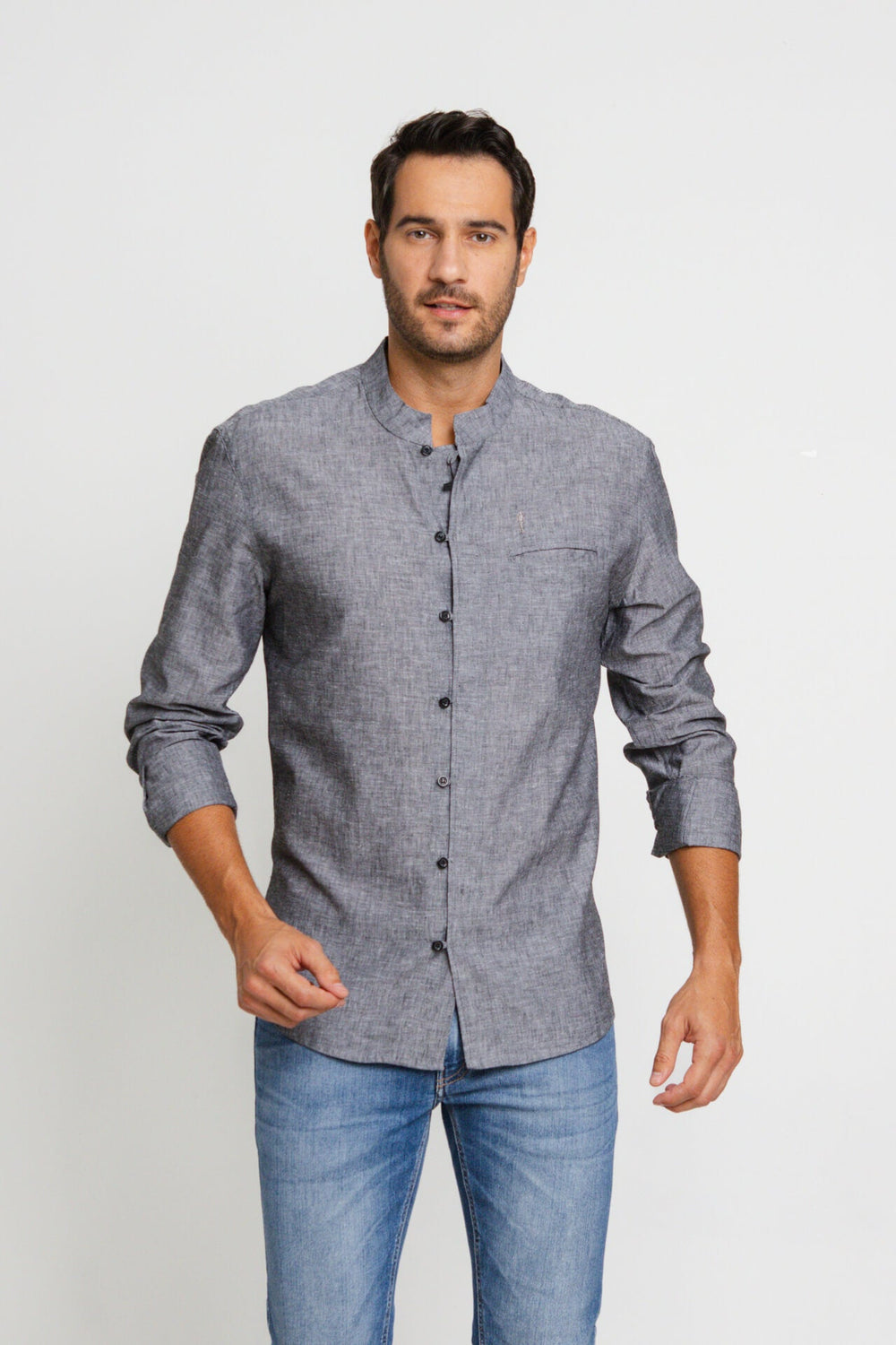 Camisa Zip Off Ml Slim Gola Padre Linho Preto Mescla 00441 - Henri Store