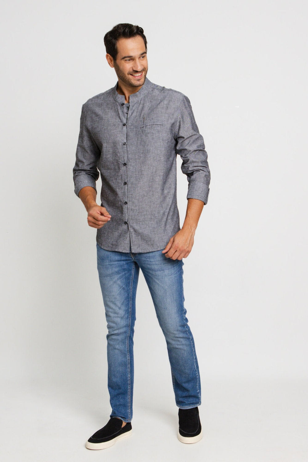Camisa Zip Off Ml Slim Gola Padre Linho Preto Mescla 00441 - Henri Store