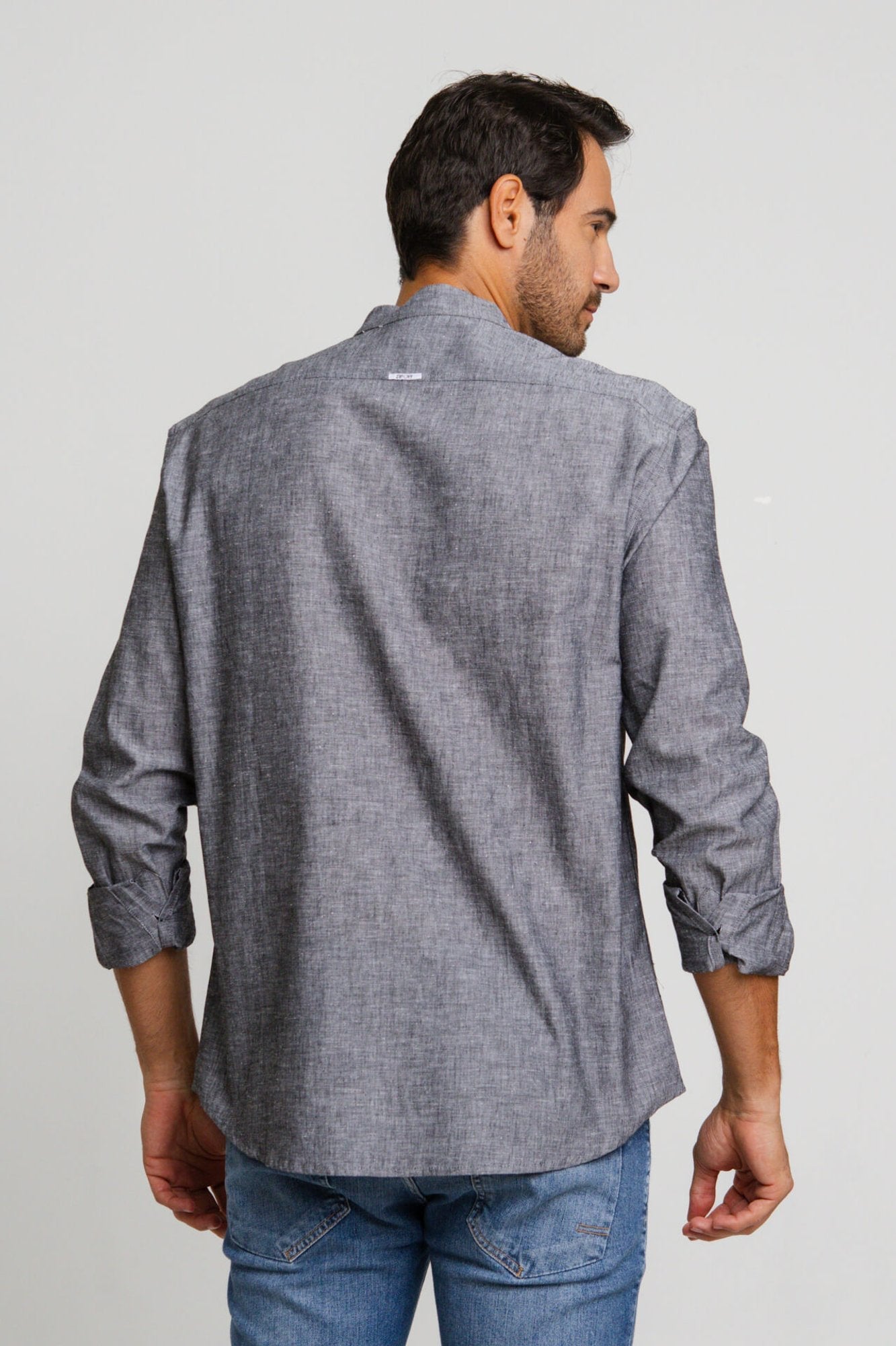 Camisa Zip Off Ml Slim Gola Padre Linho Preto Mescla 00441 - Henri Store