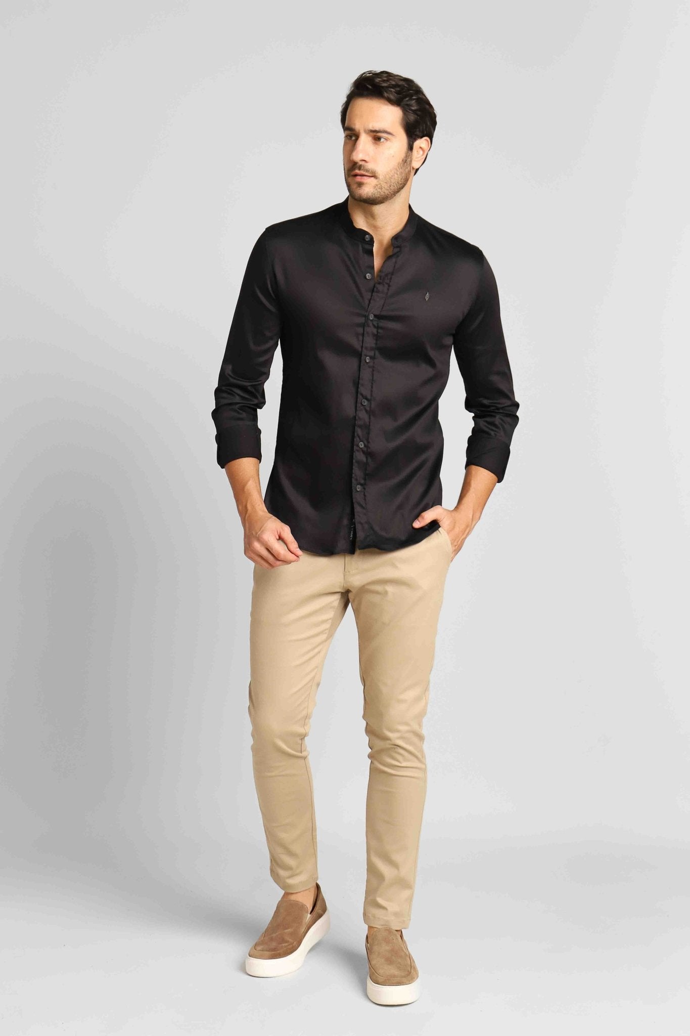 Camisa Zip Off Ml Slim Gola Padre Preta 002 Ref: 80020 - Henri Store