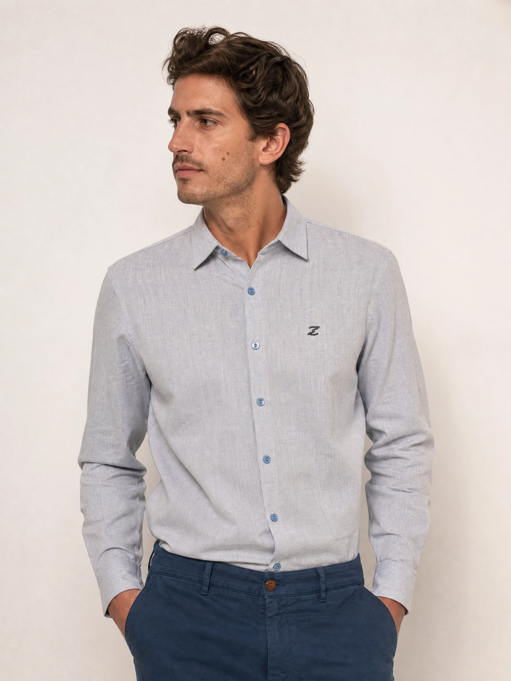 Camisa Zip Off Ml Relaxed Fit Azul Com Pingo Branco