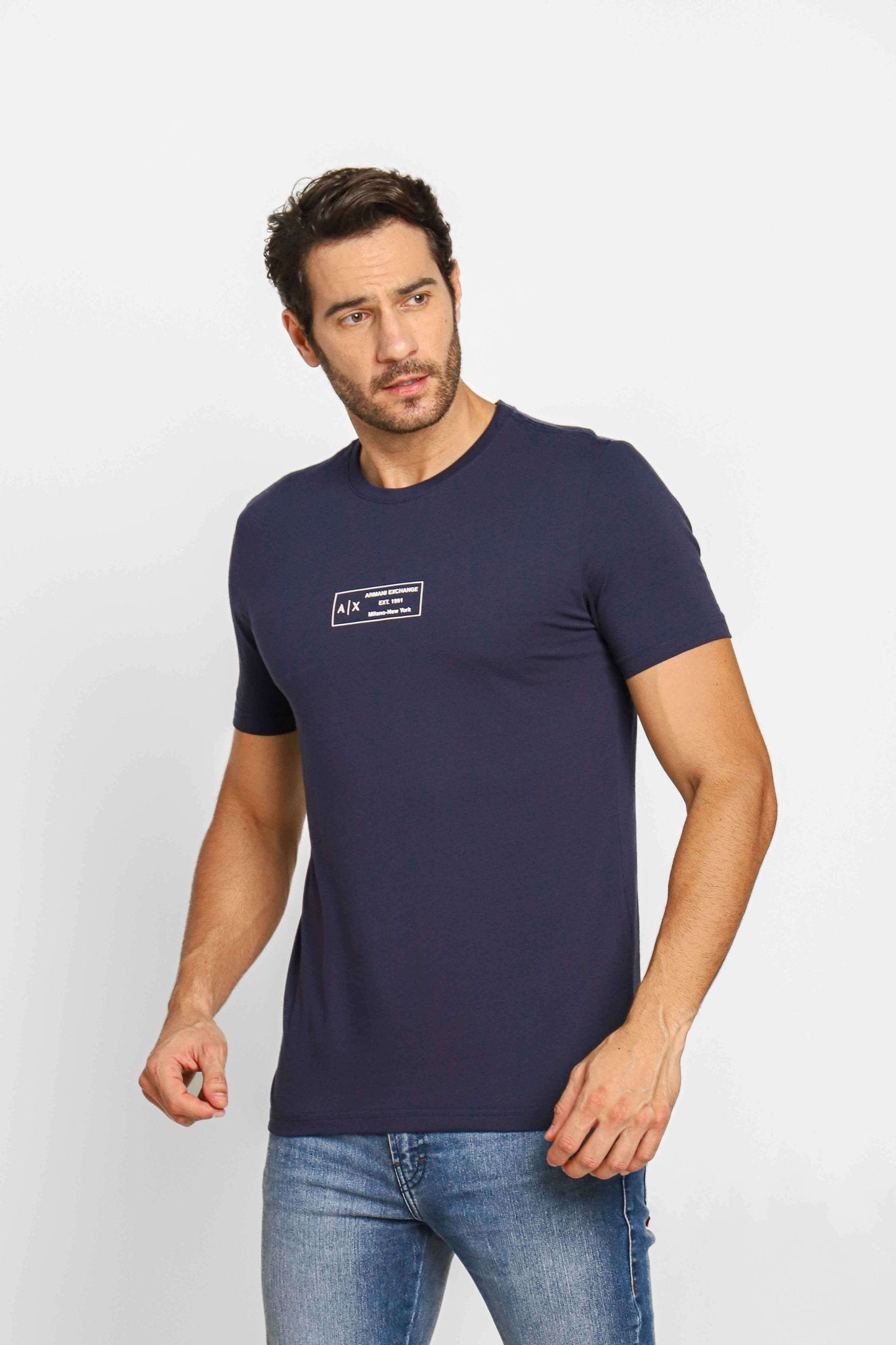 Camiseta Armani Exchange Slim Logo Central Marinho - Sale - Henri Store