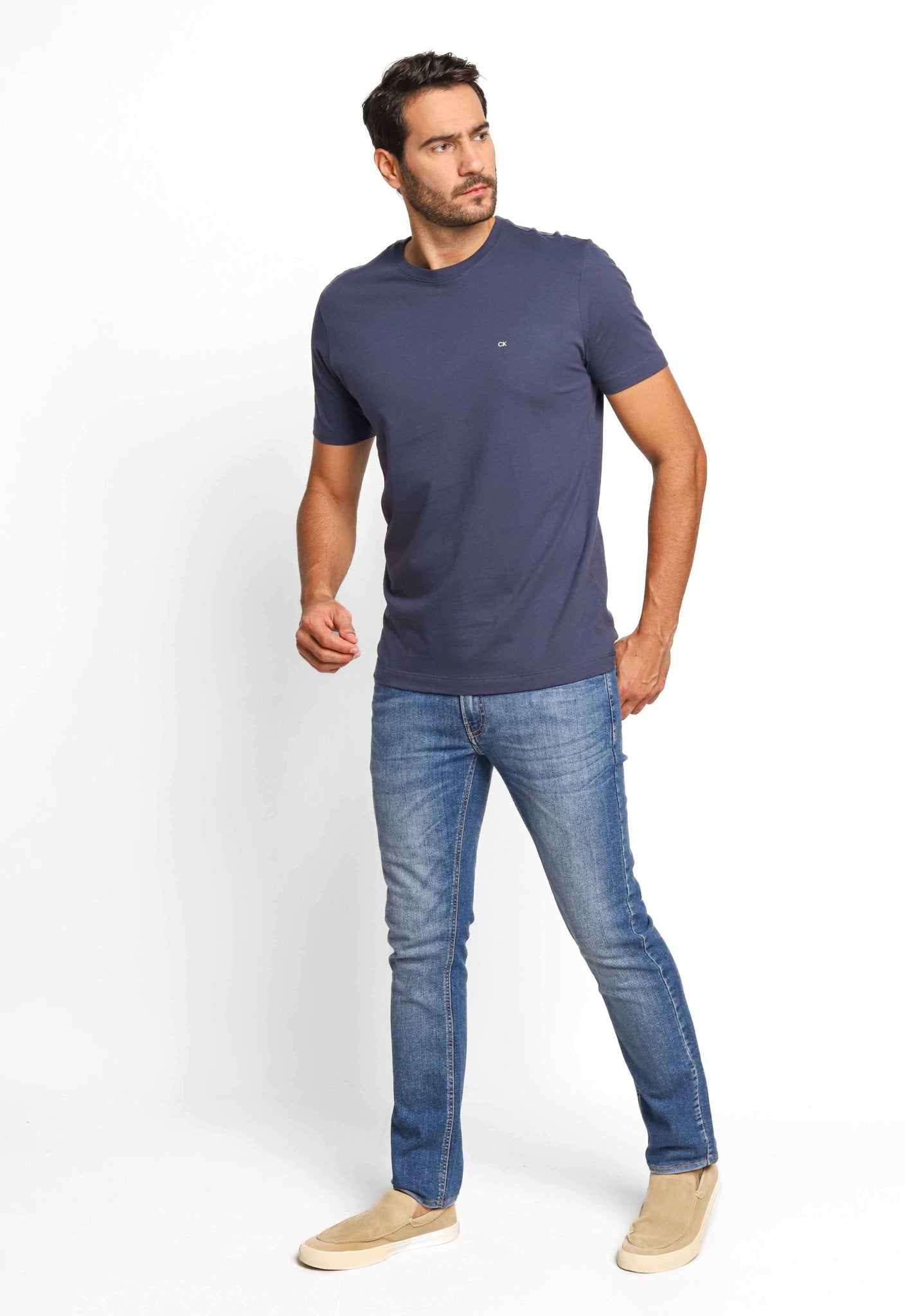 Camiseta Calvin Klein Basica Marinho C/ Ck Branco - Henri Store