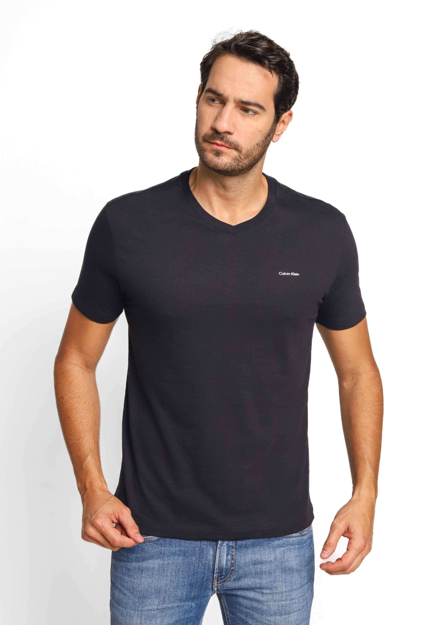 Camiseta Calvin Klein Flame Slim Basica Gola V Preto - Henri Store